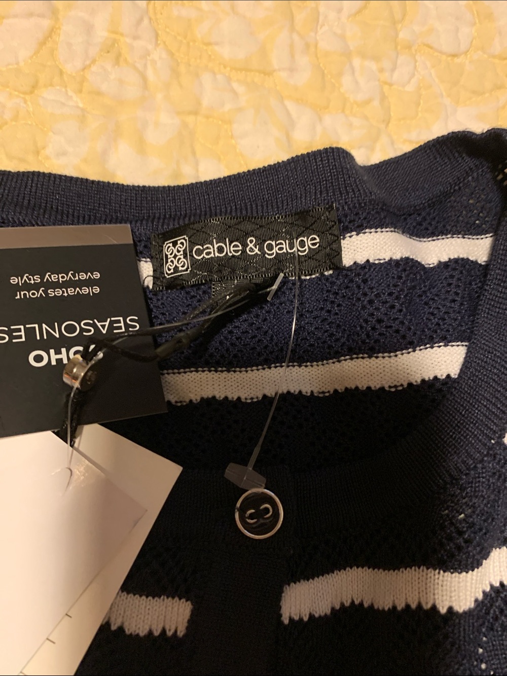 Cable & Gauge Striped Button-Front Women’s light Sweater Cardigan - Navy & White - Picture 4 of 5